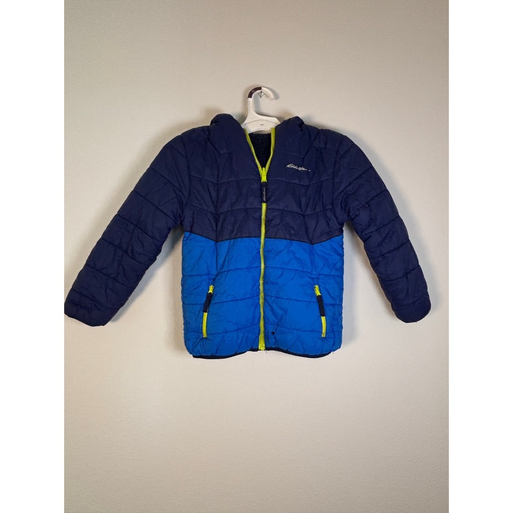 Eddie Bauer Boys‎ Blue Puffer Jacket Hooded Sherpa Lined Quilted Coat XL 14-16